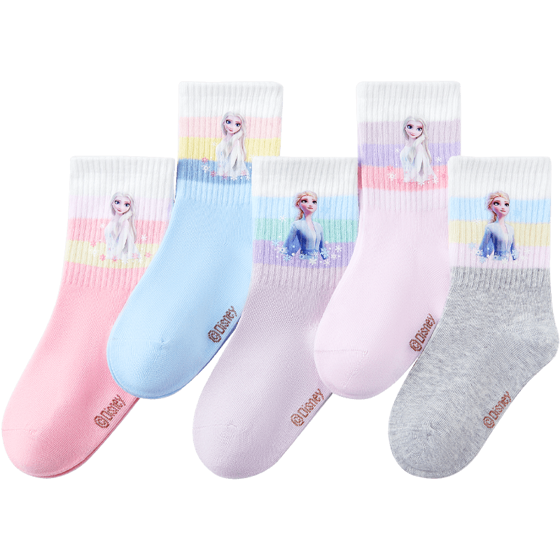 Disney Kids Socks Spring and Autumn Girls Mid-Calf Socks Elsa Princess 7A Antibacterial Cotton Socks for Girls SP33332 Color Block S