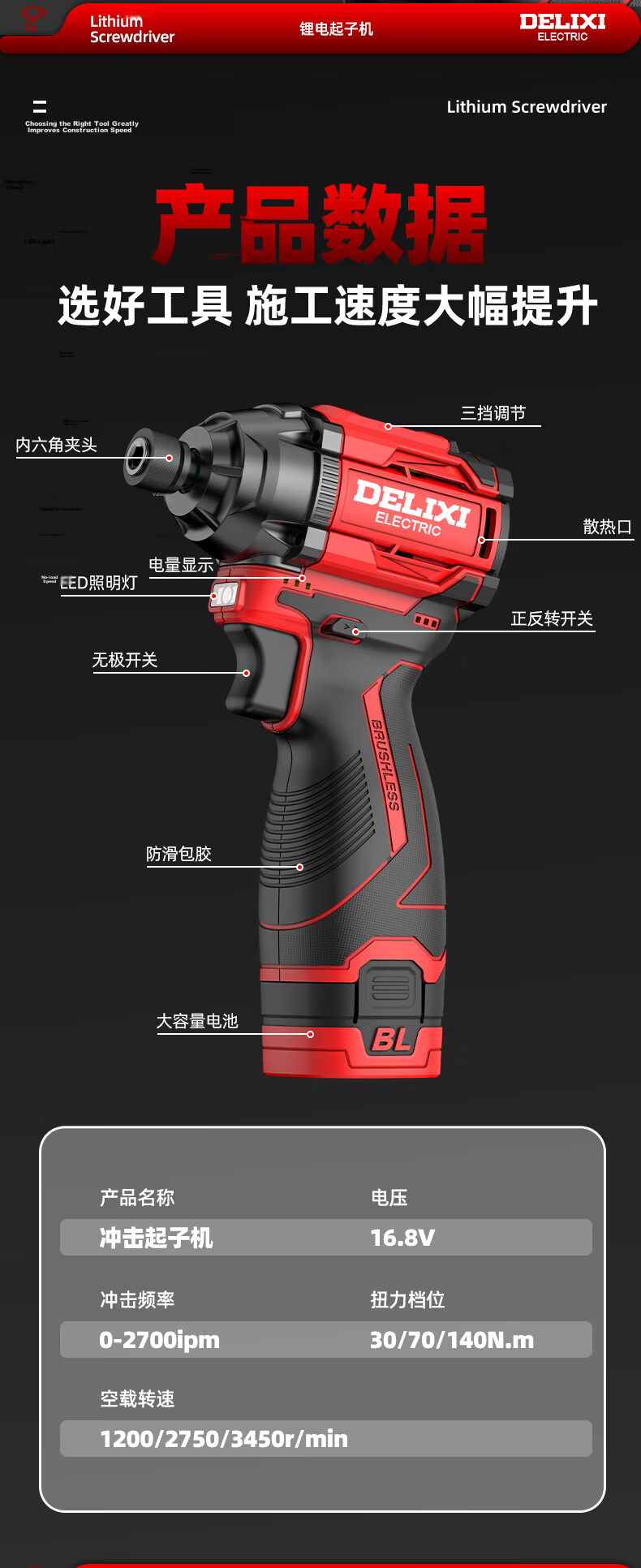 Delixi Electric Brushless Impact Screwdriver Cordless Lithium Electric Screwdriver Multifunctional Impact Hand Drill 16.8V 12