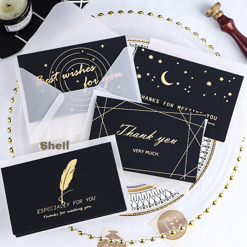 E-Muguo Greeting Cards Set of 4 with Envelopes, Letter Paper, Gift Birthday Cards, Confession Gifts, Ins Style Business Blessing Cards, Wish Cards, Thanksgiving Cards, Black with Gold Foil