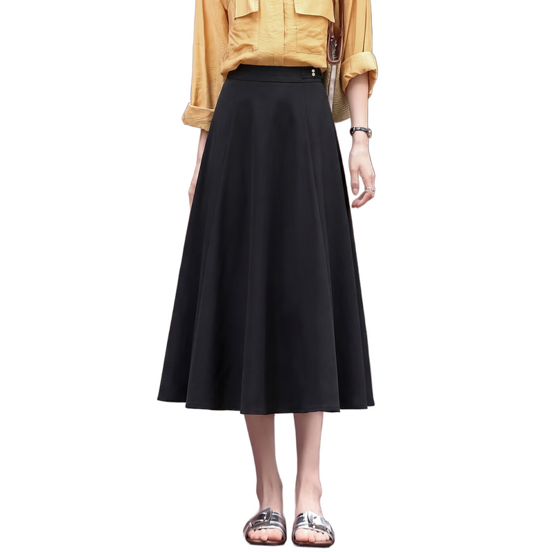 Chushen Spring And Autumn Midi Skirt for Women, Oriental Minimalist Luxury Style, New Chinese Pearl Button High-Waisted Elegant A-Line Skirt S143B2011