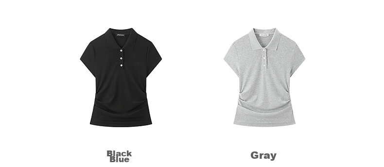 Peacebird Women's T-Shirt High-Intelligence Commuting Polo Collar Short Sleeve Spring Waist Pleated Design Black S 3