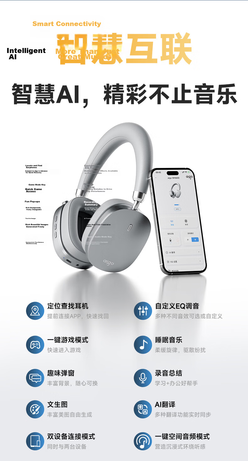 Aigo Bluetooth Headphones Over-Ear Active Noise Cancelling Comfortable Music Gaming Sports for Apple Xiaomi Phones Computers WH600 Silver 12