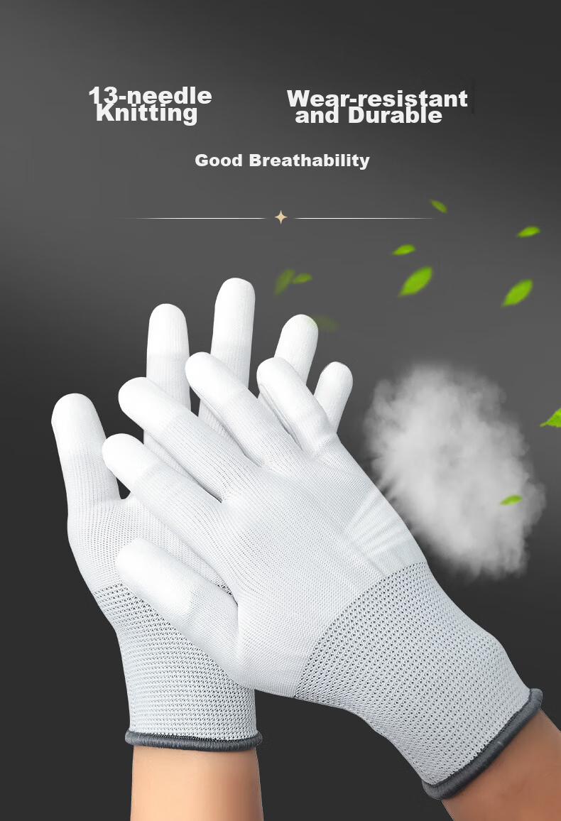 AMS PU Nylon Coated Palm Gloves, Lightweight Summer Work Gloves, White, Wear-Resistant, Anti-Slip, Breathable, Unisex, Medium Size, 12 Pairs 8