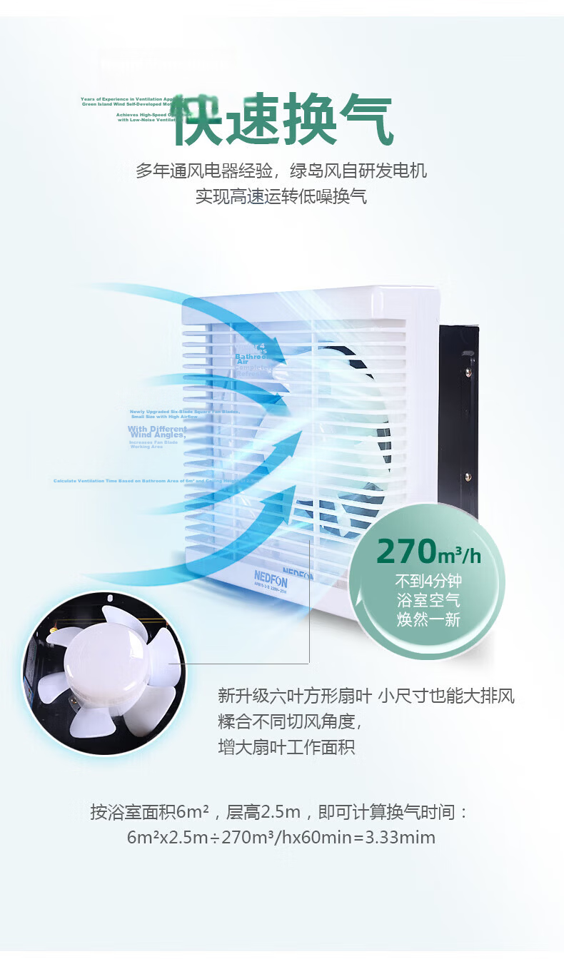 Nedfon Exhaust Fan Bathroom Ventilation Fan Household Louver Wall Window Ventilator Low Noise Kitchen Smoke Extractor All Plastic Model - 10 Inch APB25-5-BS 3
