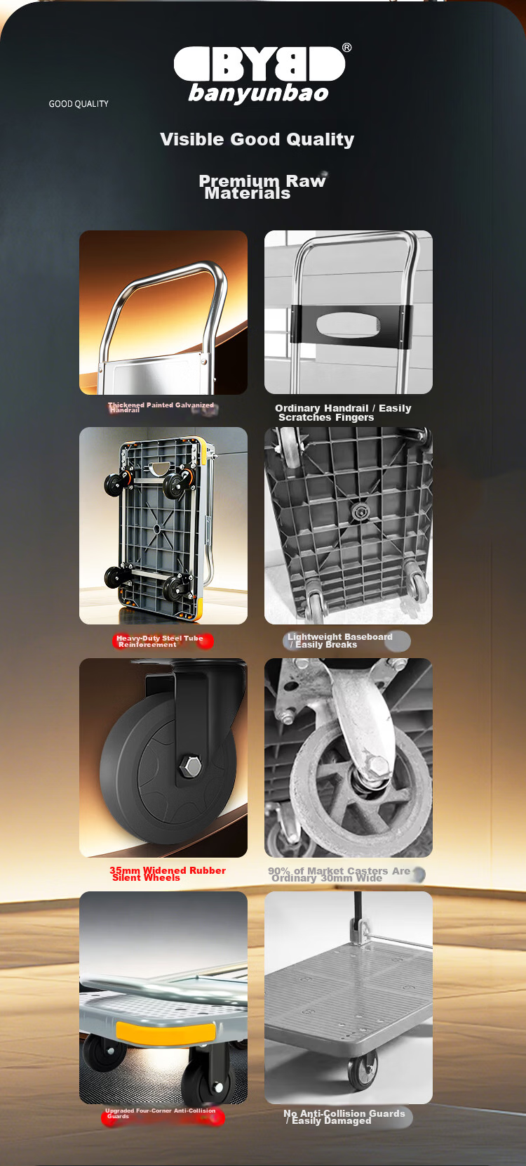 BYB Renovation Handcart Flatbed Cart Four-Corner Anti-Collision Hand Pull Cart 1000kg 90x60cm Small Trolley FZ-50 Gray 5