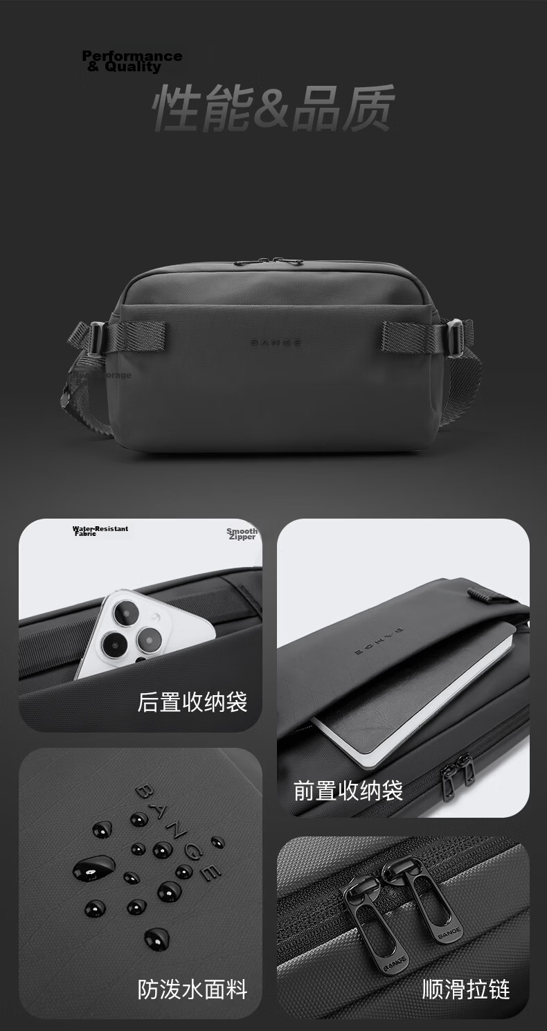 Bange Men's High-Quality Crossbody Bag Commuter Waist Bag Durable Fashion Casual Korean Style Shoulder Chest Bag 7837 Black 10
