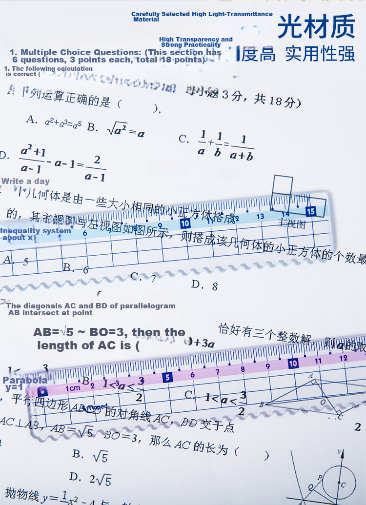 Maped Colorful Multifunctional Ruler Set, 15cm Wave Straight Ruler, 45° Triangle Ruler, 60° Triangle Ruler, 180° Protractor, Study And Exam Ruler Set, 981766CH, Pink 5
