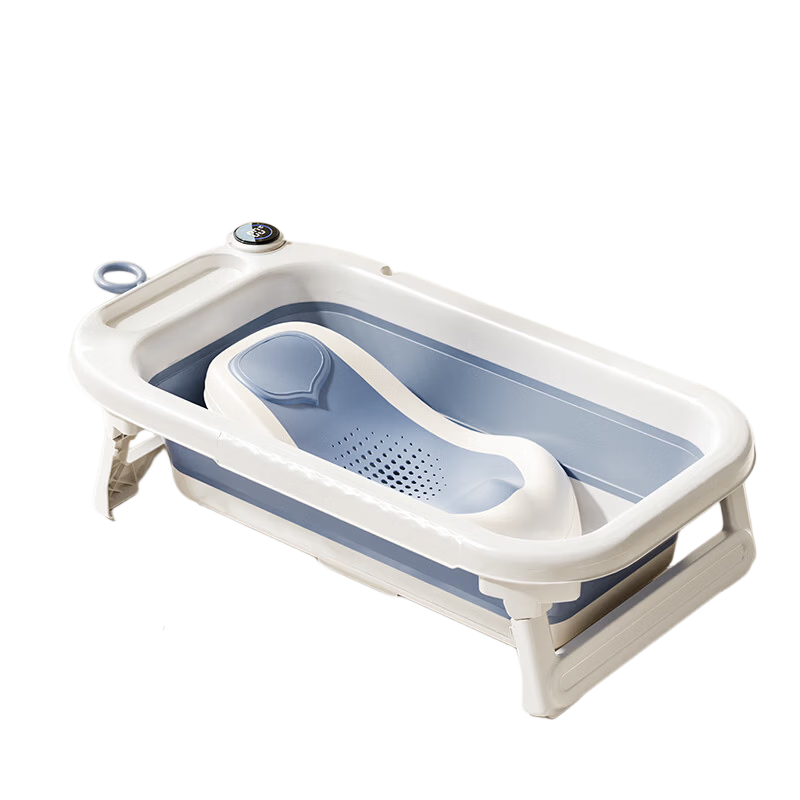 October Crystals Baby Bath Tub Newborn Large Foldable Wireless Digital Display Bath Tub with Bath Rack Haze Blue