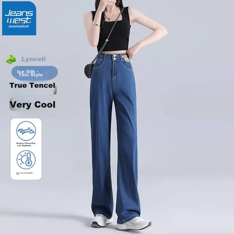 Jeanswest Women's Summer Thin Casual Fashion Trendy High-Waist Straight-Leg Light Color Ice Silk Vintage Dark L Jeans