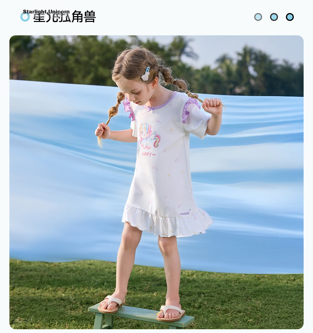Betis Kids Homewear 2026 Summer New Thin Breathable Short Sleeve Nightdress Girls Pajamas Air Conditioning Dress with Lace 33