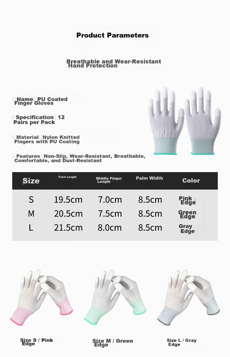 AMS PU Nylon Coated Palm Gloves, Lightweight Summer Work Gloves, White, Wear-Resistant, Anti-Slip, Breathable, Unisex, Medium Size, 12 Pairs 10