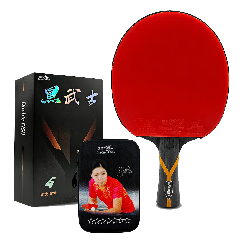 DOUBLE FISH Table Tennis Paddle Black Warrior 4-Star Professional Competition Racket with Case for Beginners, Shakehand and Penhold Grip