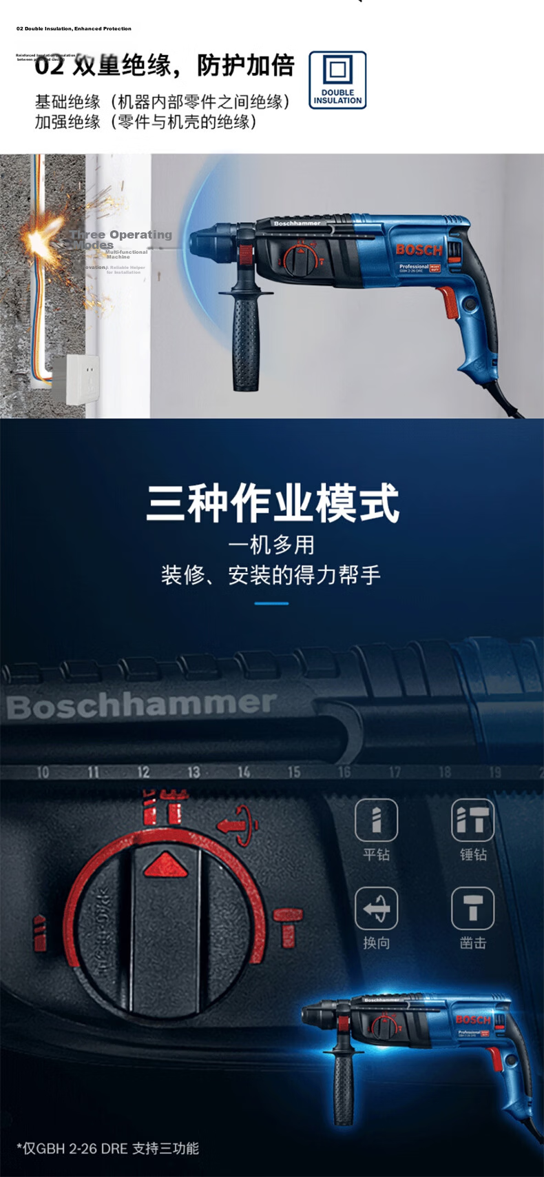BOSCH Four-Groove Rotary Hammer, Forward And Reverse Speed Adjustable Drill, Three-In Electric Pick, GBH2-26 [Standard Configuration] 9