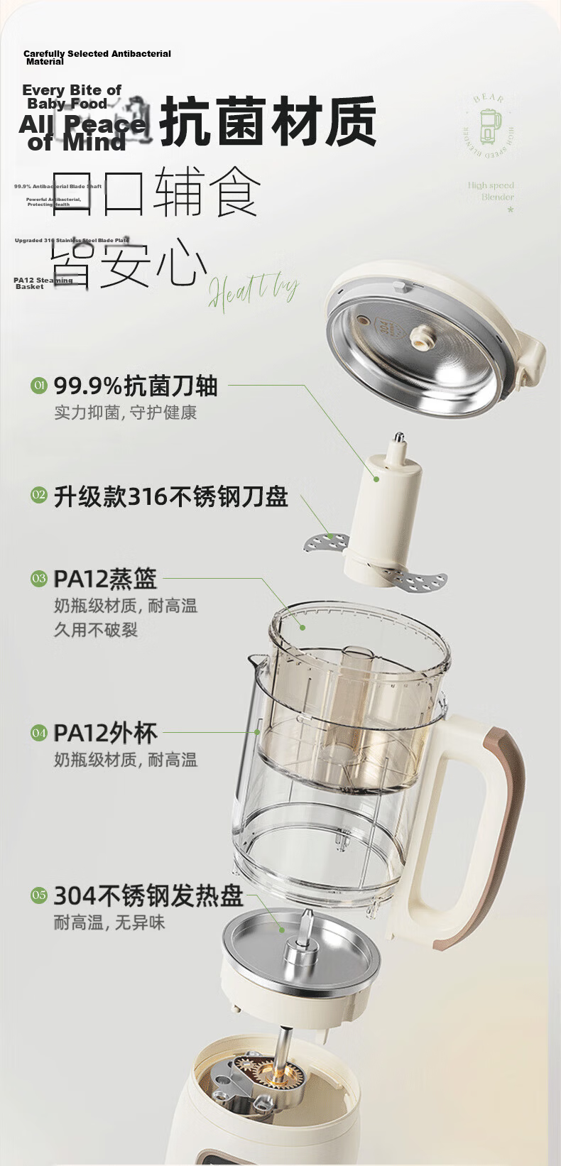 Bear Baby Food Processor Multifunctional Blender Steamer with Single Blade and Cup, One-Button Rice to Porridge Maker 12