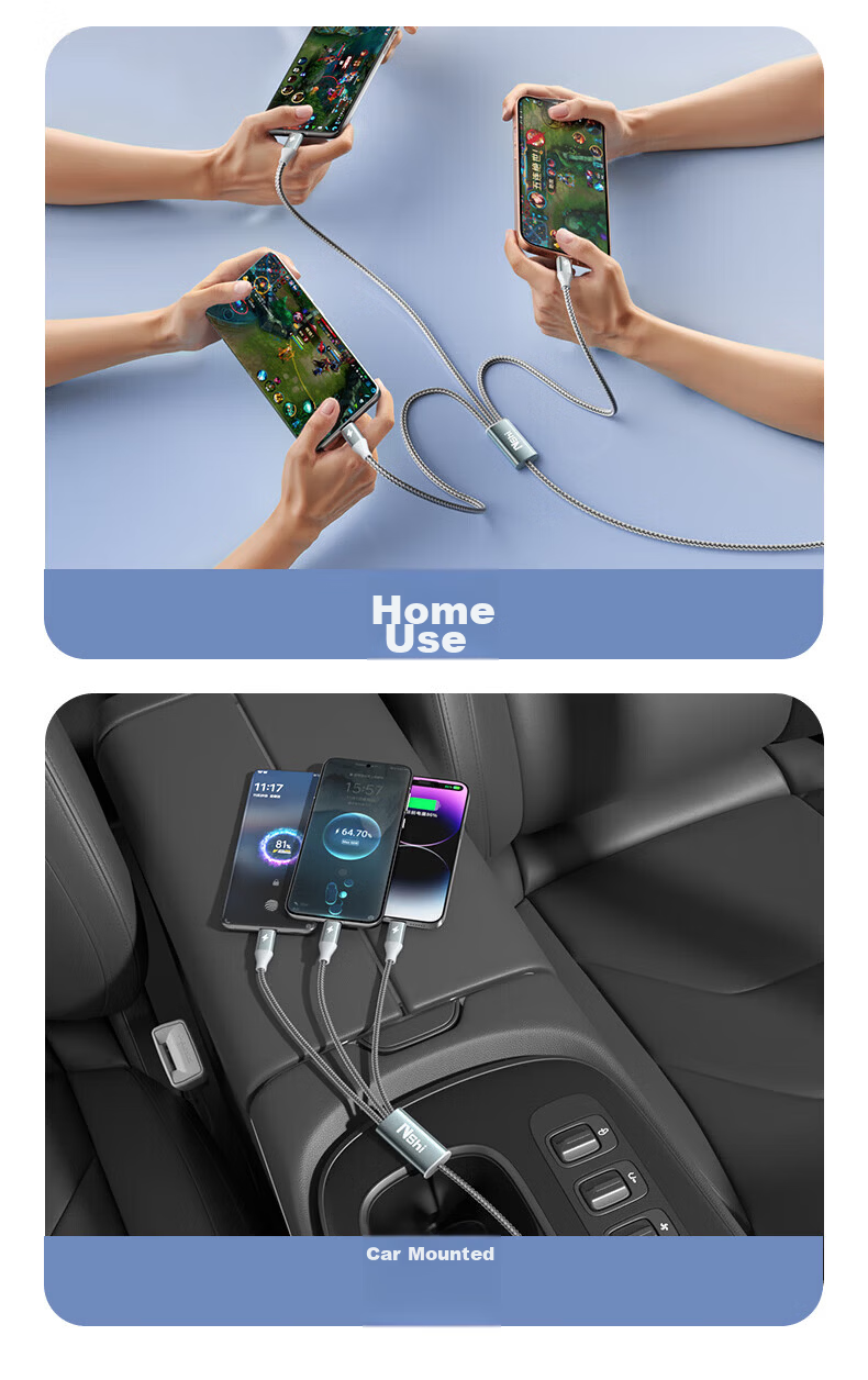3-in-1 Data Charging Cable for Apple Type-C Android, 6A Fast Charge, Compatible with iPhone 17/16, Huawei, Honor, Xiaomi, Samsung, Car Use, 1.5m 13