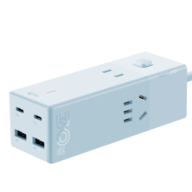 BULL Gallium Nitride 30W Charger Fast Charging Socket/USB Power Strip Portable Extension Cord Small Electric Cabin Safe Fast Charging 2C2A+3 Outlets GNV-MC1303M Farmland Blue Master Switch