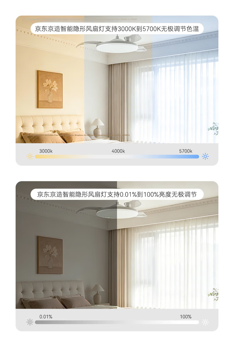 JD Jingzao Yufengzhe Smart Fan Light 42-inch Invisible Full-Spectrum Eye Protection Bedroom Living Room Dining Ceiling Fan Light Integrated 23