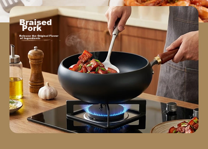 KONKA 30cm Hand-Forged Large Belly Iron Wok Steamer Household Iron Soup and Stir-Fry Pan No Seasoning Required 7
