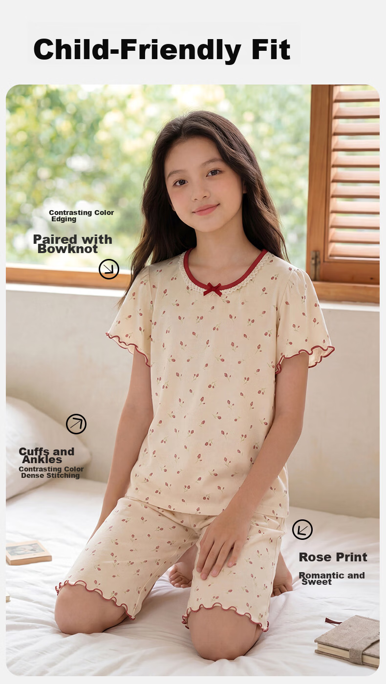 Dingguagua Girls' Short Sleeve Summer Pajama Set, Lightweight A-Class Pure Cotton Breathable Sleepwear for Ages 6-12, Junior High School Student Size 170 4