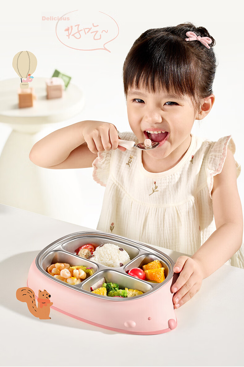 SUPOR Children's Divided Insulated Baby Food Bowl Stainless Steel Removable Lunch Box - Cucumber Green 11