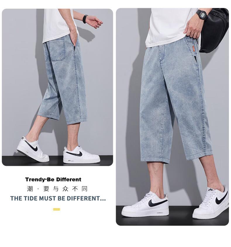ROMON Tencel Denim Men's Summer Thin Ice Silk Loose Casual Cropped Pants Denim Blue 31 14