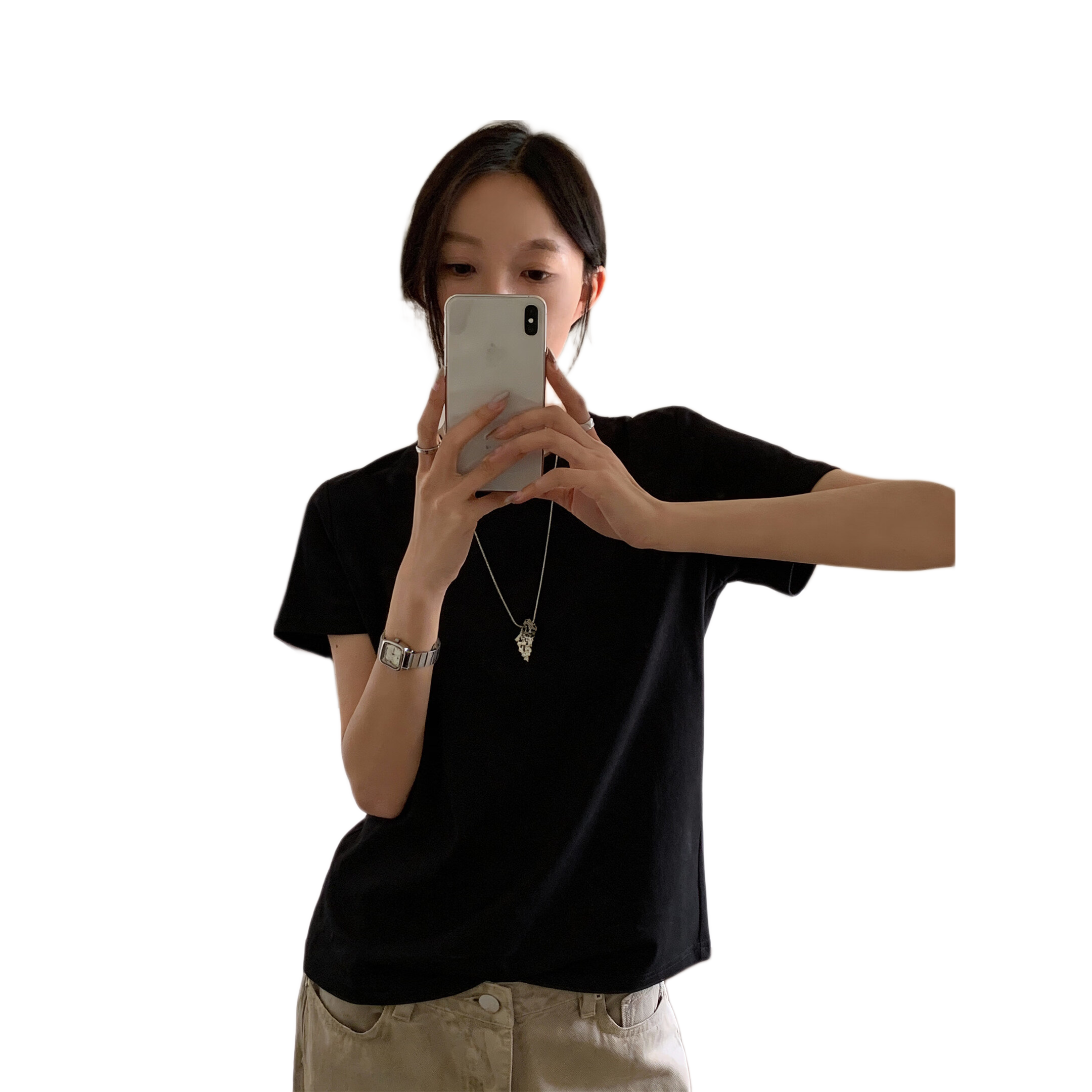 ICH MODE "Minimalist Paper Doll" Short Sleeve Women's T-Shirt Summer Simple Cool Base Shirt Solid Color Inner Top Black L
