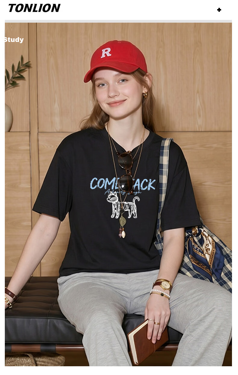 TonLion Women's Pure Cotton Short Sleeve Summer New Round Neck Loose T-Shirt Trendy Cartoon Anime Design Top 17