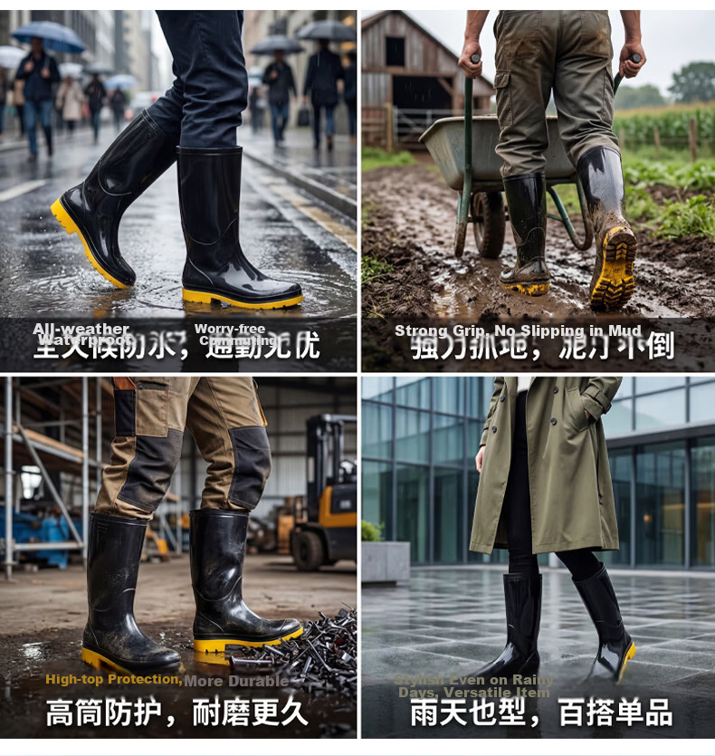 BlueOwl Shield Men's High Tube Waterproof Rain Boots Non-slip Durable Lightweight Waterproof Rubber Shoes YX1005-1 Size 42 8