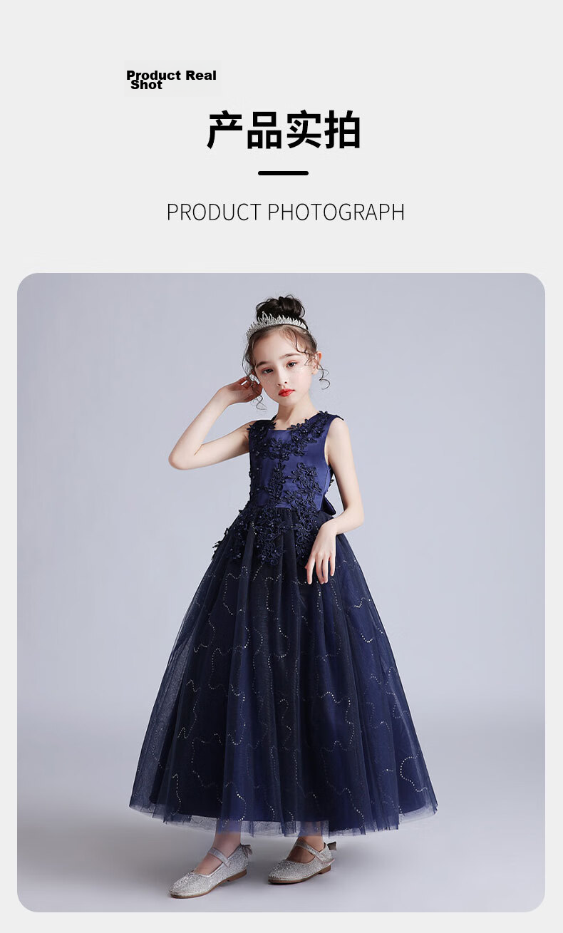 Carfit Girls Summer Princess Dress Puffy Dress Flower Girl Dress Stage Piano Performance Children's Day Navy Blue 170 7