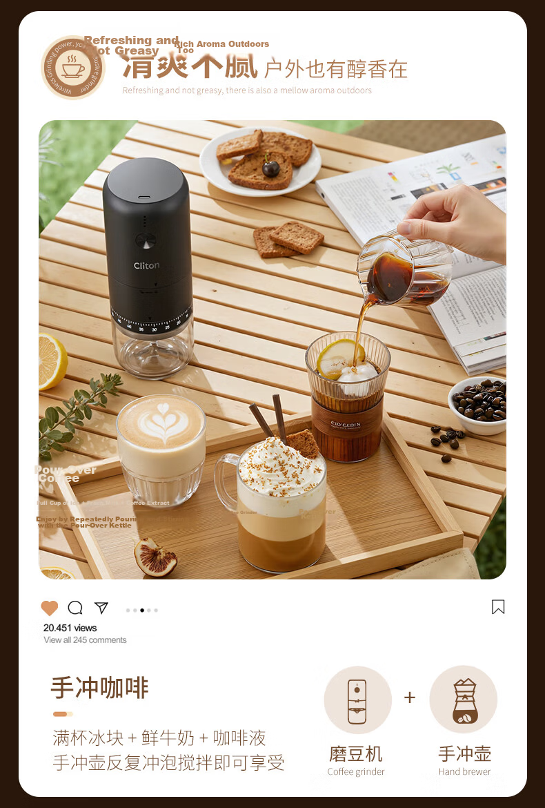 CLITON Electric Coffee Grinder Adjustable Portable Manual Coffee Bean Grinder Automatic Powder Mill 16