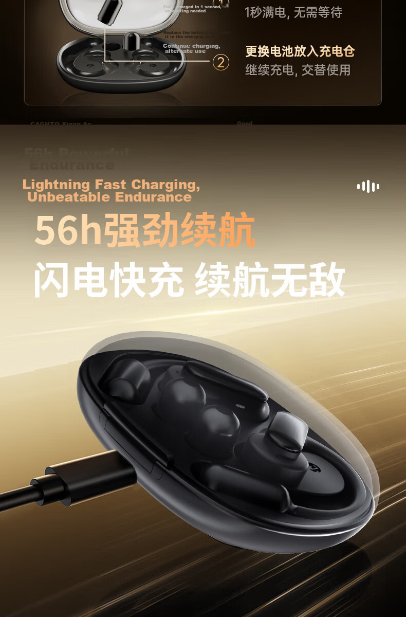 Chengao Clip-On Bluetooth Earphones AI Translation Open-Ear Sports Running Cycling Ear Hook Long Battery Life Noise Cancelling Gaming Low Latency Universal G13Pro Black 24