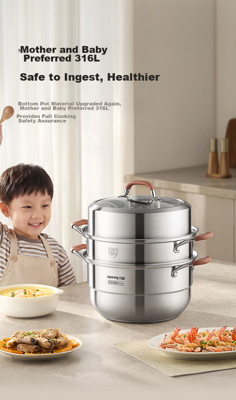 Joyoung 316L Stainless Steel Steamer Pot, Small Size for 2-3 People, Non-Coated Multifunctional Soup Steamer with High Dome Lid, Three Layers, 30cm 3