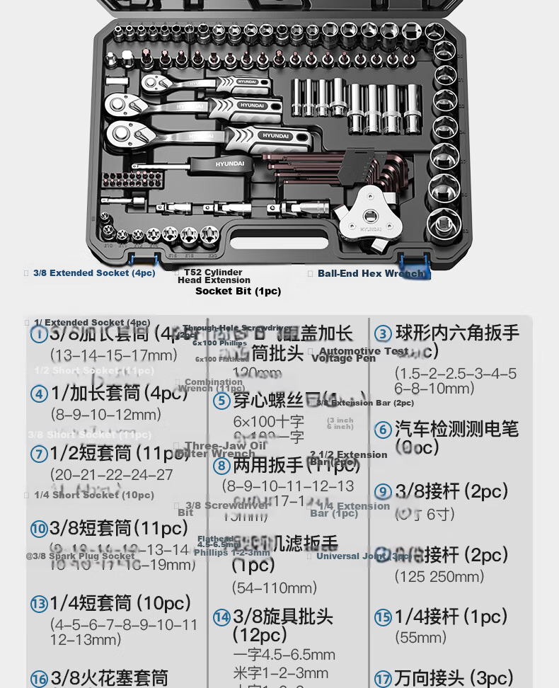 HYUNDAI Socket Set Ratchet Wrench Small Medium Large Repair Auto Mechanic Tool Kit Complete Set 23