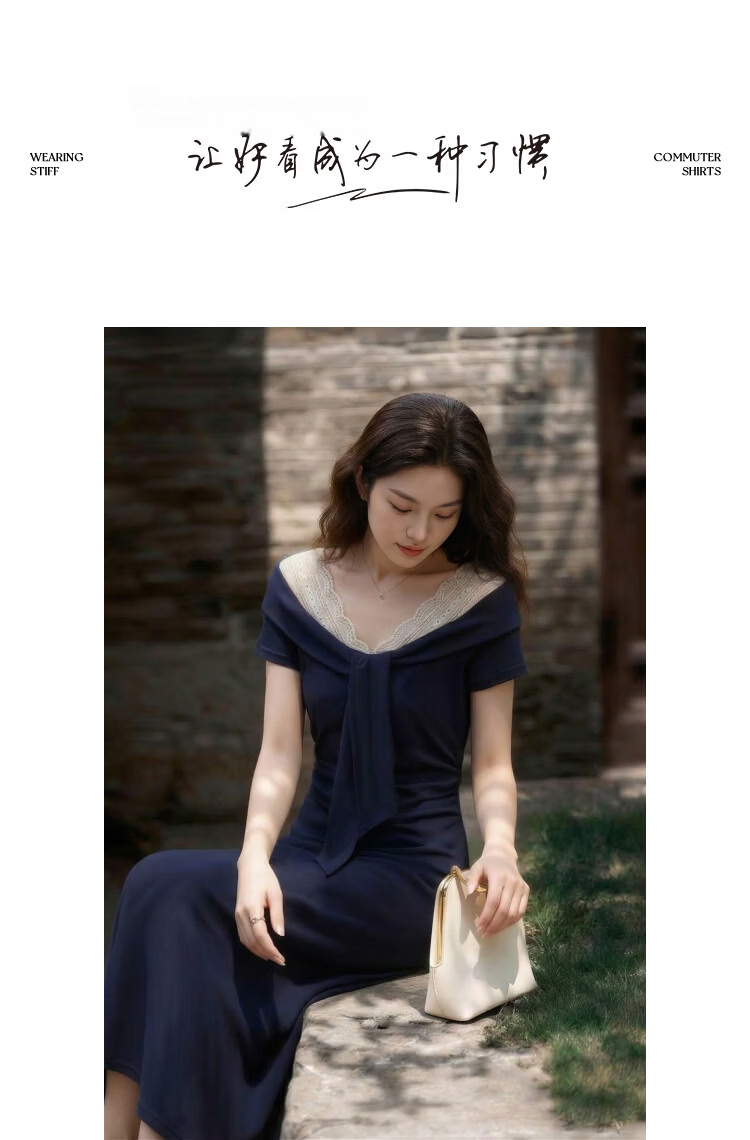 Demana [Seaside Holiday] Summer V-Neck Tie Lace Trim Ruffled Waist Slim Fit Dress for Petite Women 9