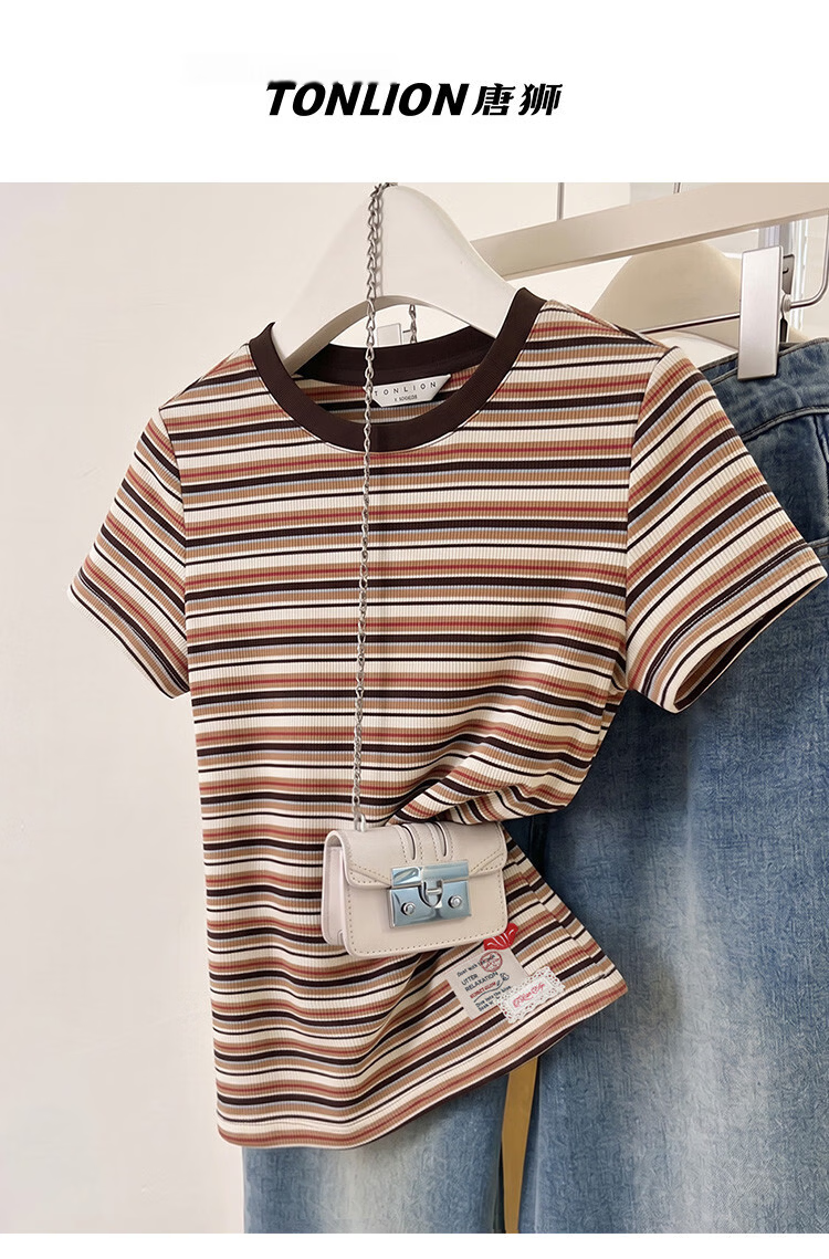 TonLion 2026 Summer Women's Striped Slim Fit Short Sleeve T-Shirt, Stylish and Comfortable, Age-Reducing Basic Tee 1