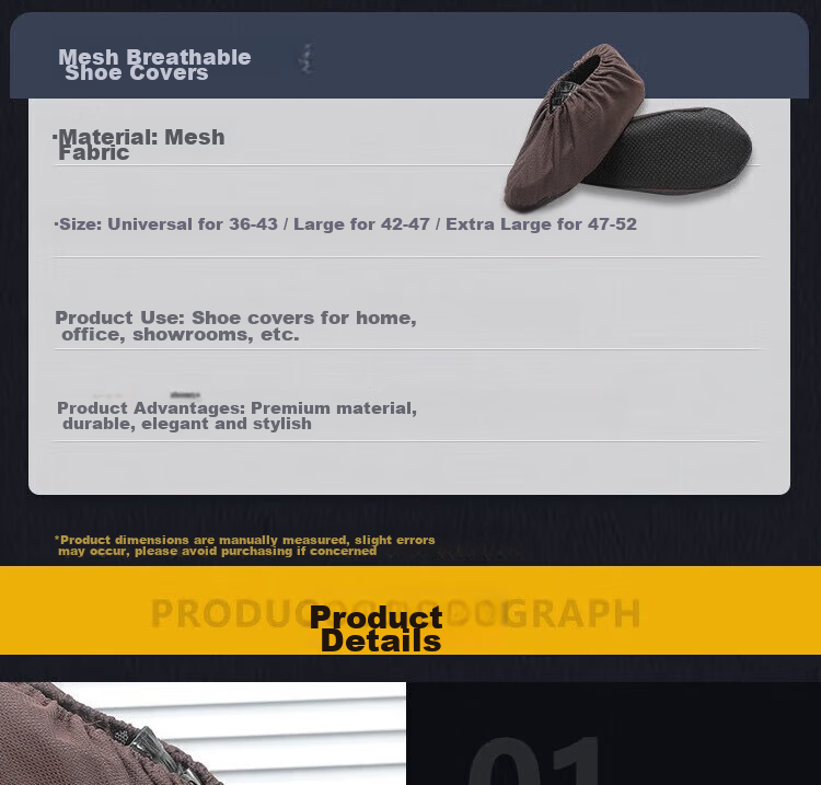 Wenstain W5552 Breathable Mesh Shoe Covers Non-Slip Sole Reusable Showroom Shoe Covers Size 36-43 Universal - Dark Gray (5 Pairs) 2