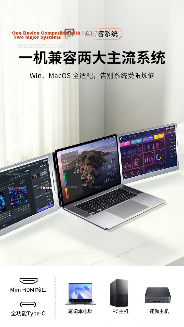 Aigo 14-inch Dual Screen Portable Monitor Expansion Display Type-C All-in-One for PC, Mobile, Laptop Secondary Screen 13