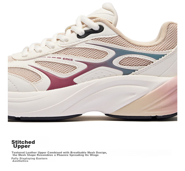 ERKE Women's Sports Casual Leather Mesh Breathable New Thick-soled Versatile Dad Shoes Fengxiwu 3.0 34