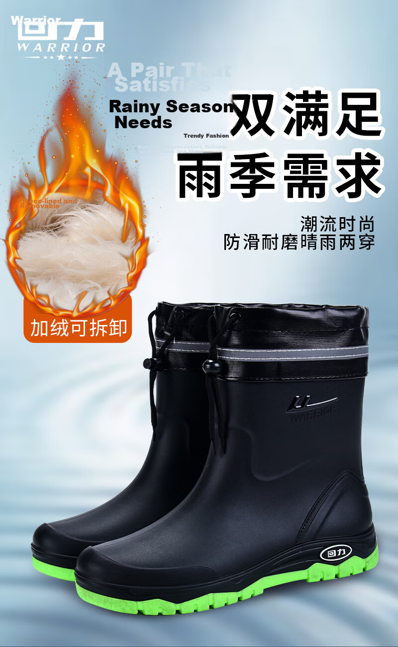 Warrior Men's Mid-Calf Waterproof Rain Boots Rubber Shoes Lightweight Chef Shoes H5388 Black Size 45 5