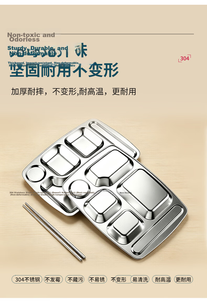 Lanzhe 304 Stainless Steel School Cafeteria Multi-Compartment Lunch Tray Student Bento Box Five Compartments 2