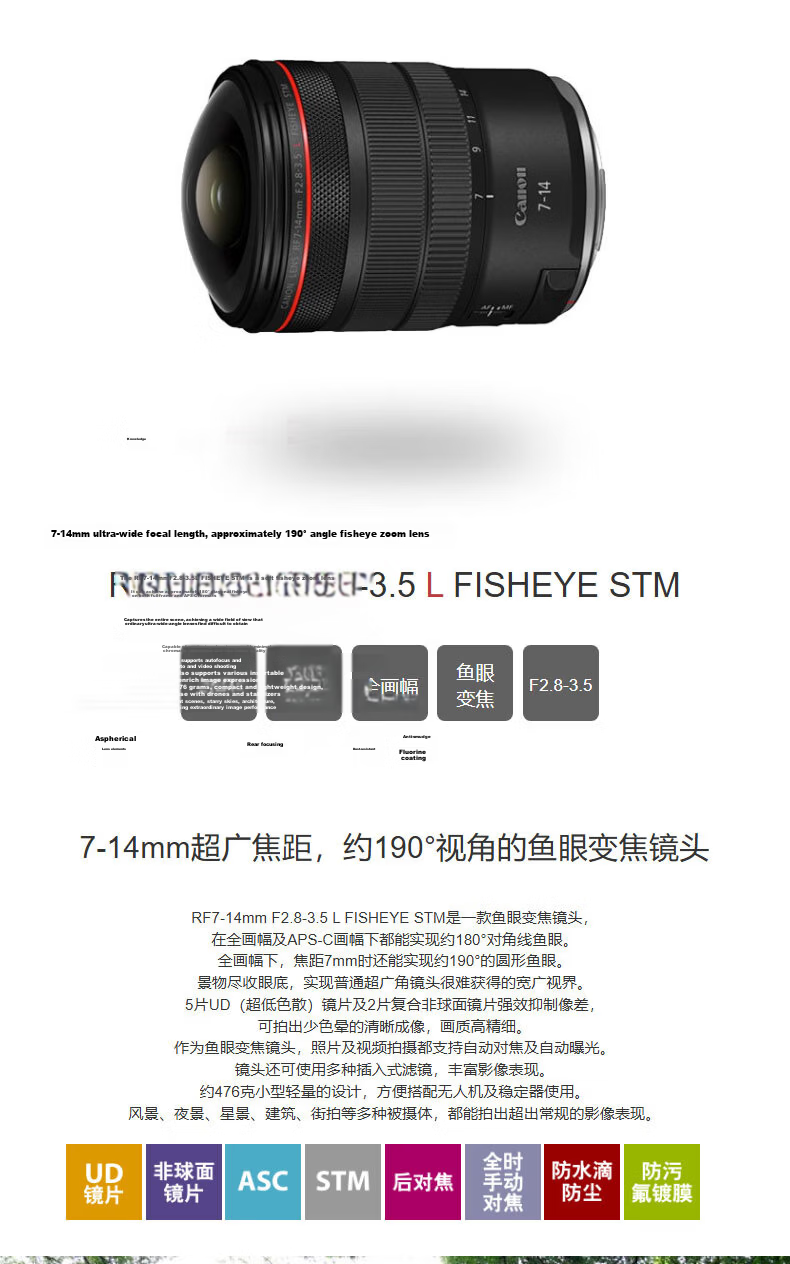 Canon RF 7-14mm F2.8-3.5L STM Fisheye Zoom Lens Full Frame Approx. 190° Angle Ultra Wide Focal Length 1