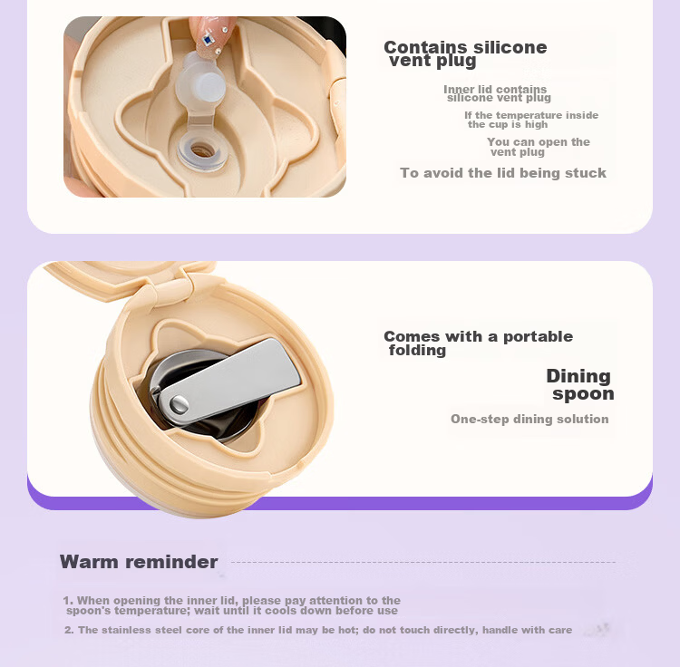 Tupperware Warm Insulated 1L Large Capacity Lunch Box with Handle and Spoon Giftable - Purple Kitten 11