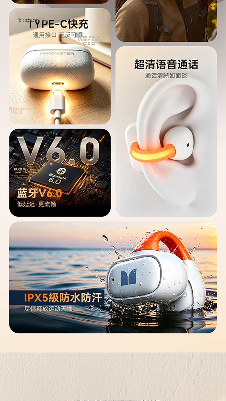 Monster 2026 New Arena Clip-On Wireless Bluetooth Earphones Sports Earphones with Night Running Light ENC Call Noise Cancellation Bluetooth 6.0 White Compatible with Apple and Huawei 3