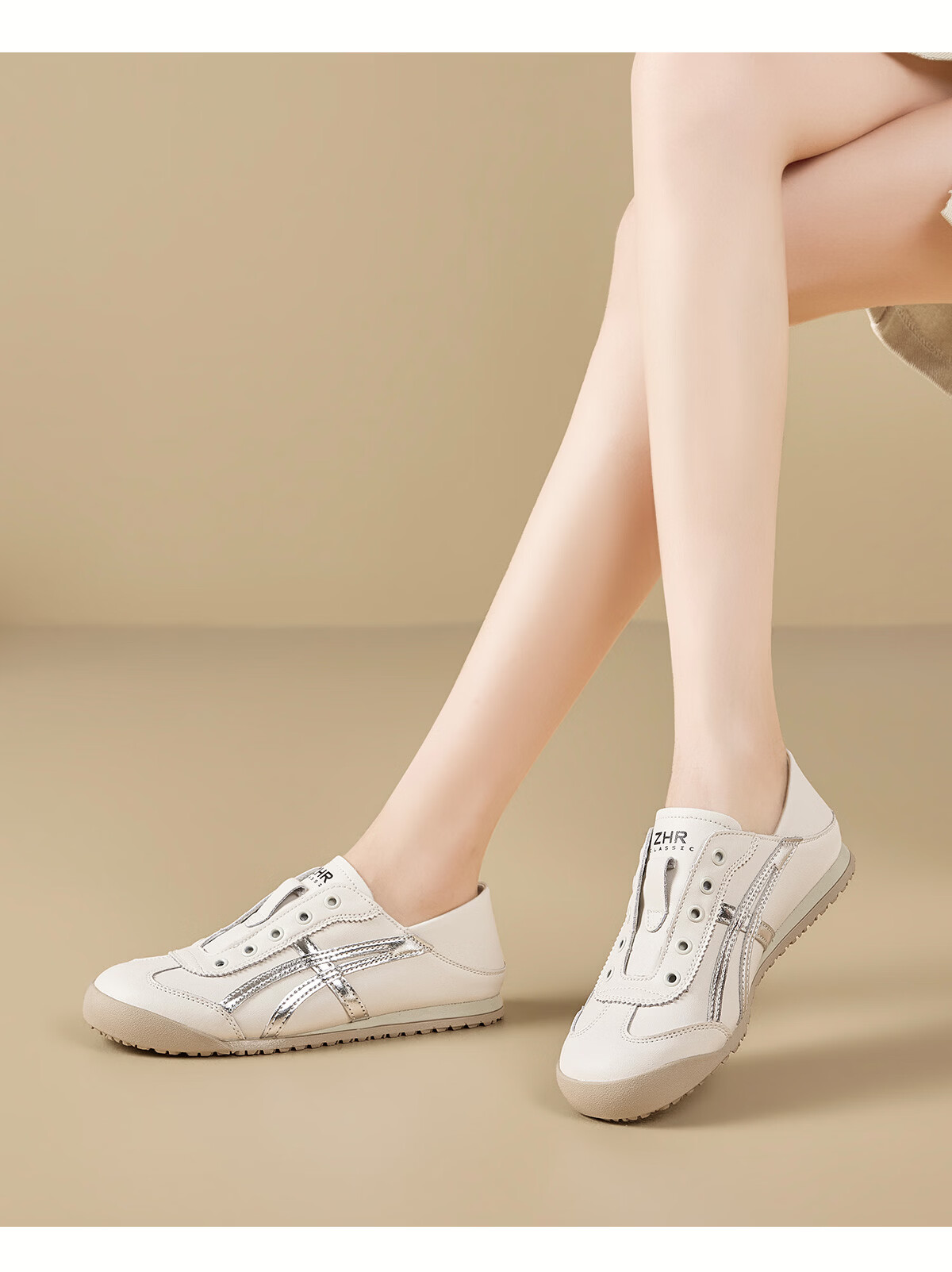 ZHR Dexun Women's Lightweight Flat Sneakers, Slip-On Casual White Shoes, BT103, Beige And Silver, Size 37 21