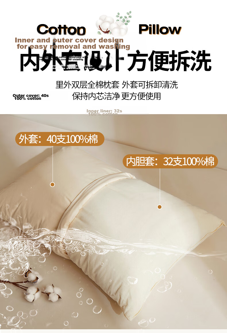 Hongdou Class A Antibacterial Pillow Core 100% Cotton Pillow Adult Sleeping Cervical Pillow 48*74cm Medium Pillow 16