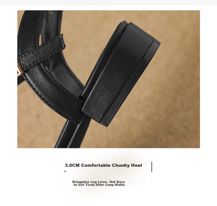 ZHR Women's Summer Sandals First Layer Lambskin One-Strap Flat Sandals French Retro Chunky Heel EH363 Black Size 36 10