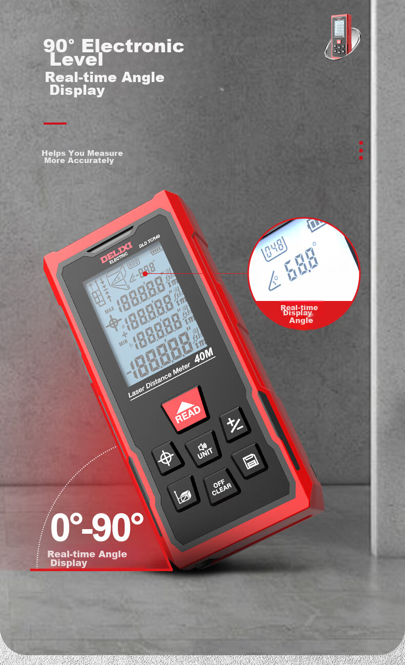 DELIXI ELECTRIC Laser Distance Meter with Crosshair, Tape Measure, Multifunctional Electronic Ruler, Lithium Battery, Red Light, 100m 13