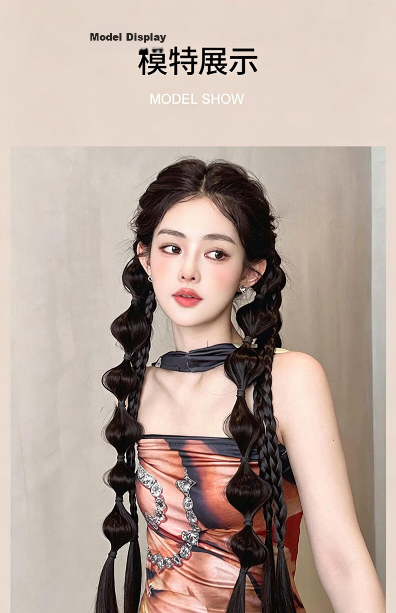 Jianyingshu Braided Double Ponytail Wig Hairband Natural Black Clip-in Realistic Braided Long Braid Hairpiece 10