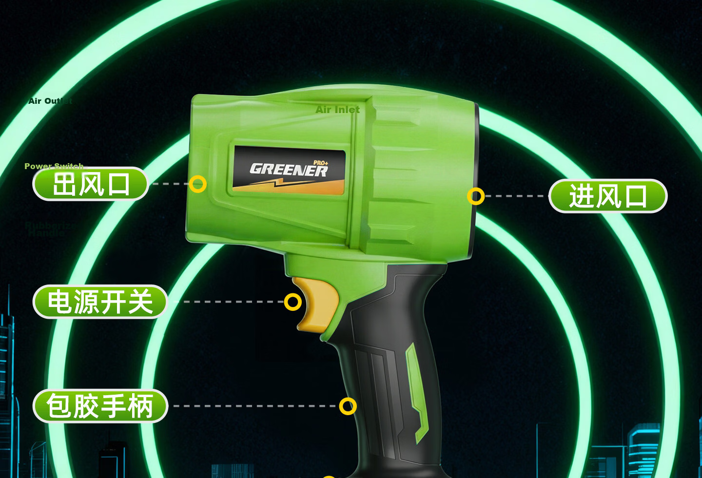 GREENER High-Power Turbo Blower Fan Heavy-Duty Dust Blower Lithium Battery Industrial Blower 5Ah One Battery 32