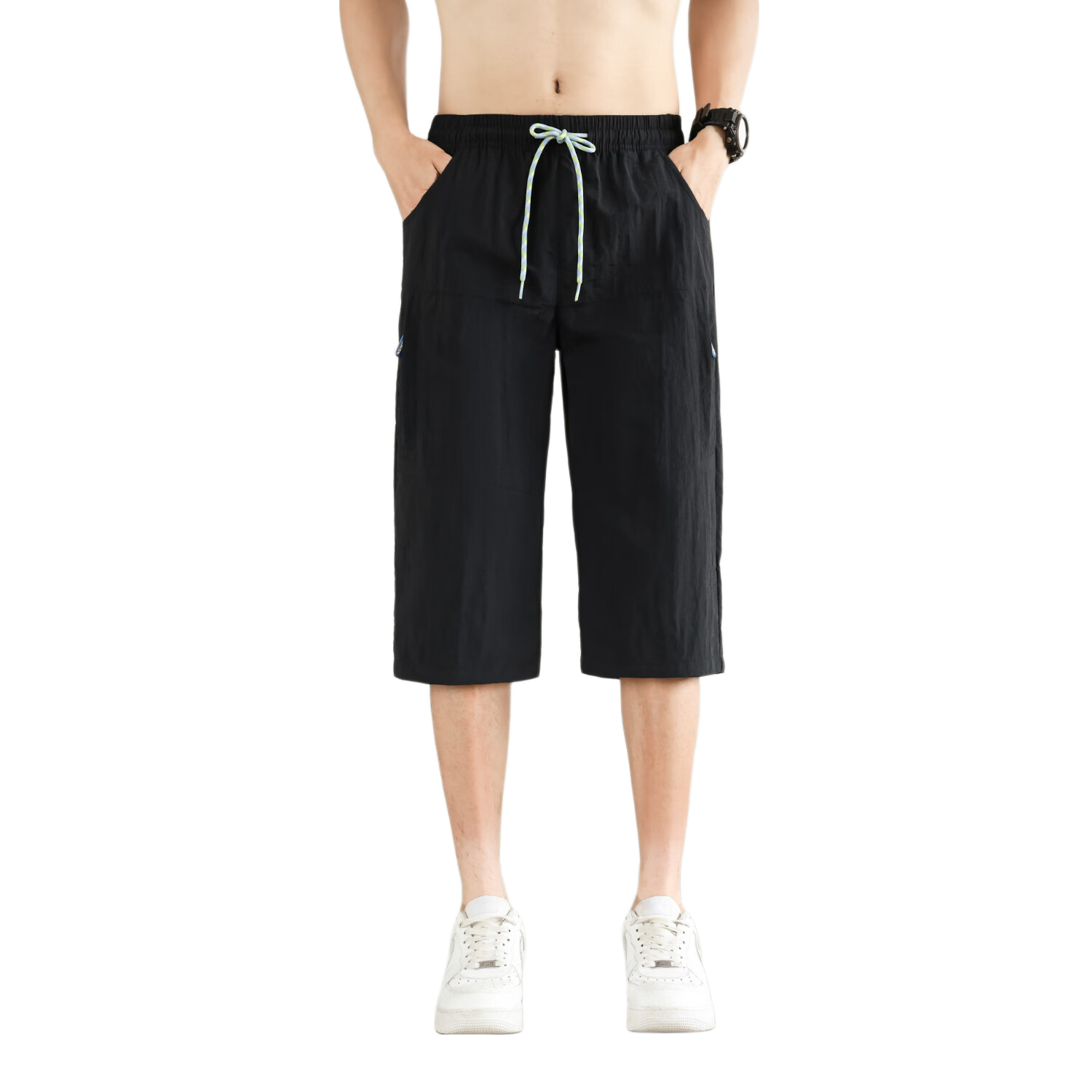 Foss Phil Men's Summer Ice Silk Lightweight Loose Casual Straight-Leg Quick-Dry Shorts 3/4 Length Black 3XL Model 0002